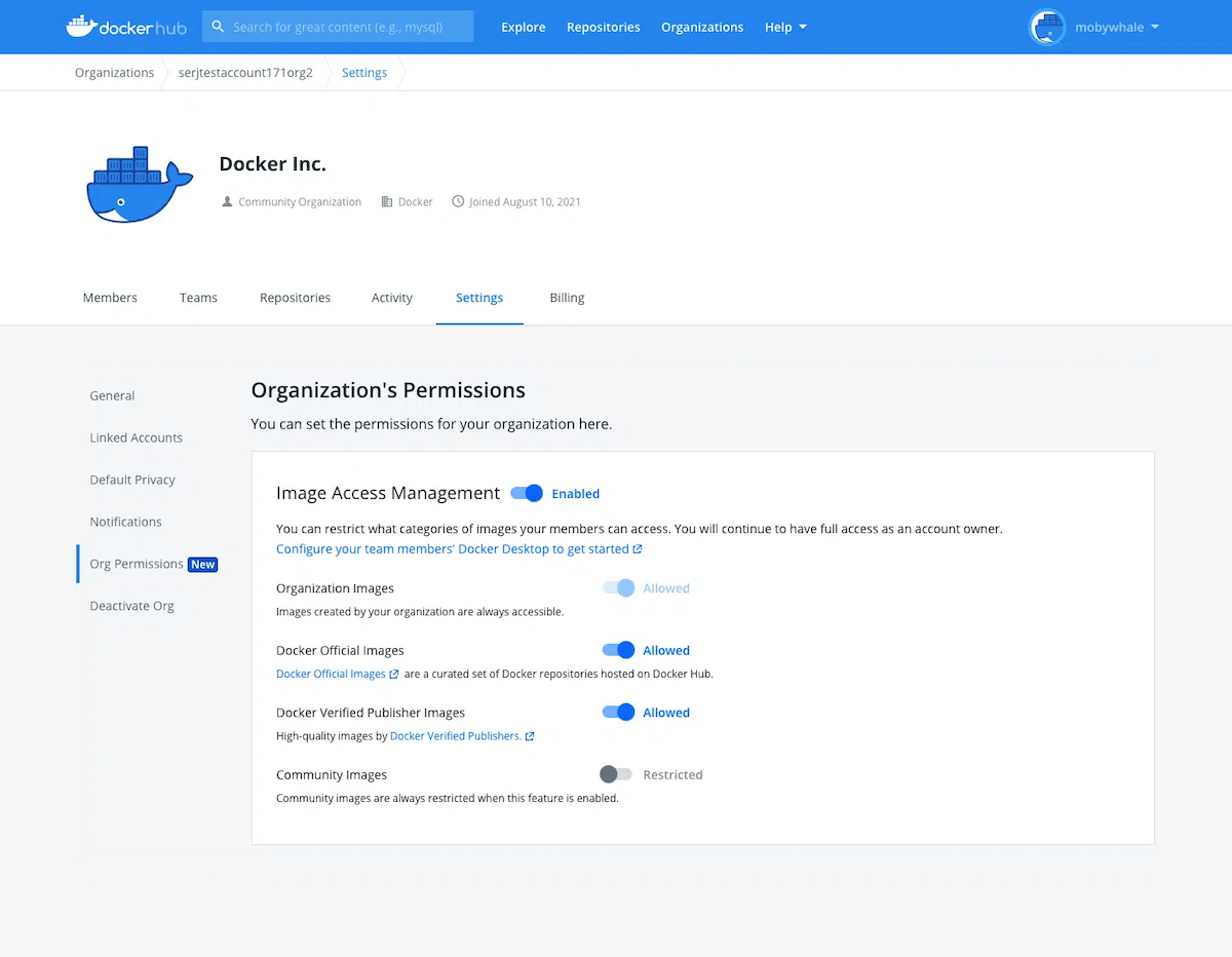 Captura de tela das configurações de permissões de organização do Docker