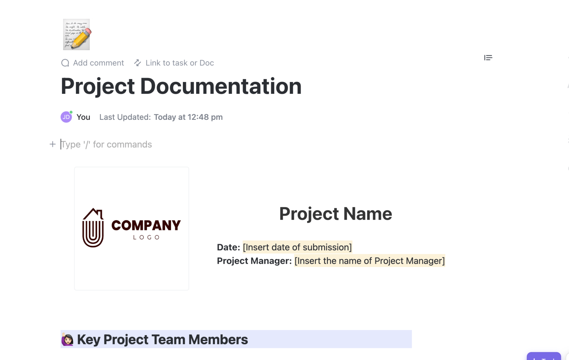 Store project documentation in a single ClickUp Doc