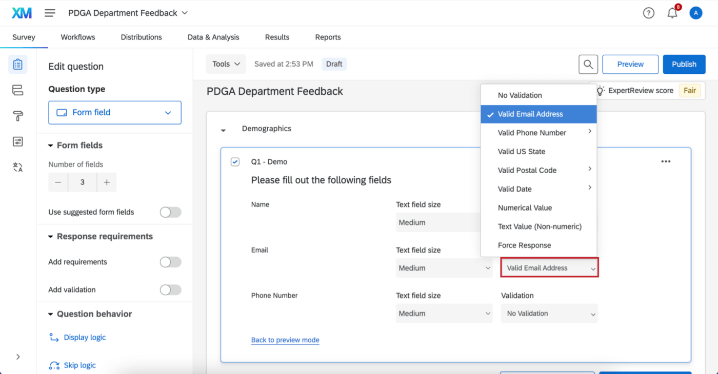 Exemple de produit de formulaires Qualtrics