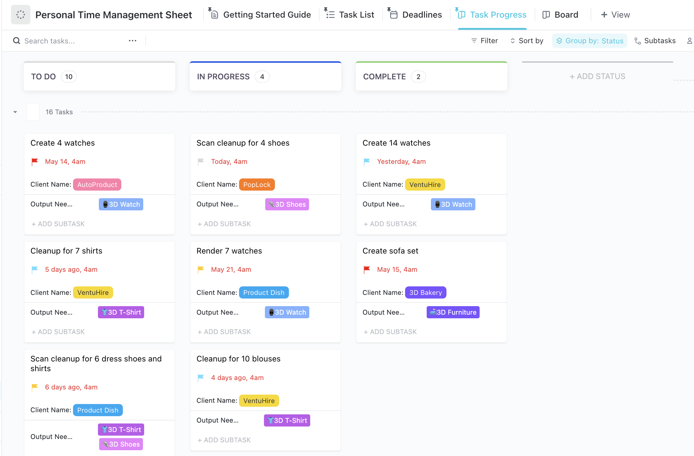 Modelo de folha de gerenciamento de tempo pessoal por ClickUp