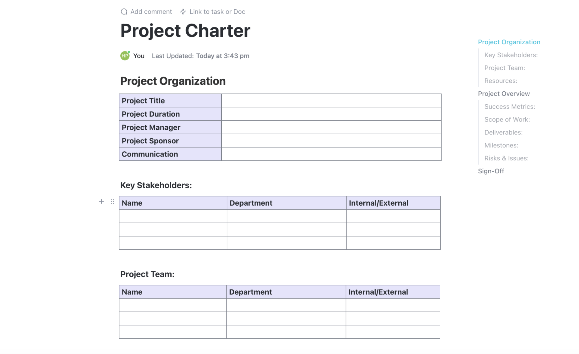 ClickUp's Project Charter Template bietet Ihnen alles, was Sie für die Planung und Durchführung erfolgreicher Projekte benötigen