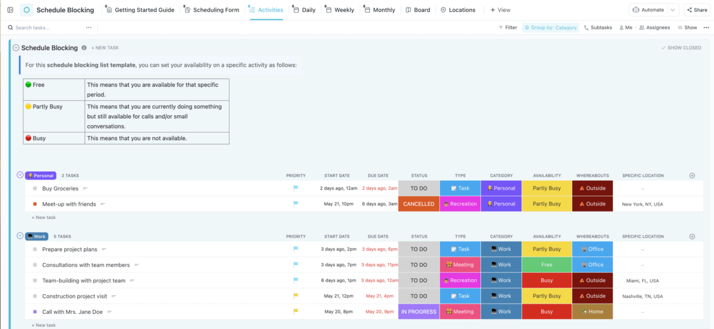 Templat Pemblokiran Jadwal oleh ClickUp