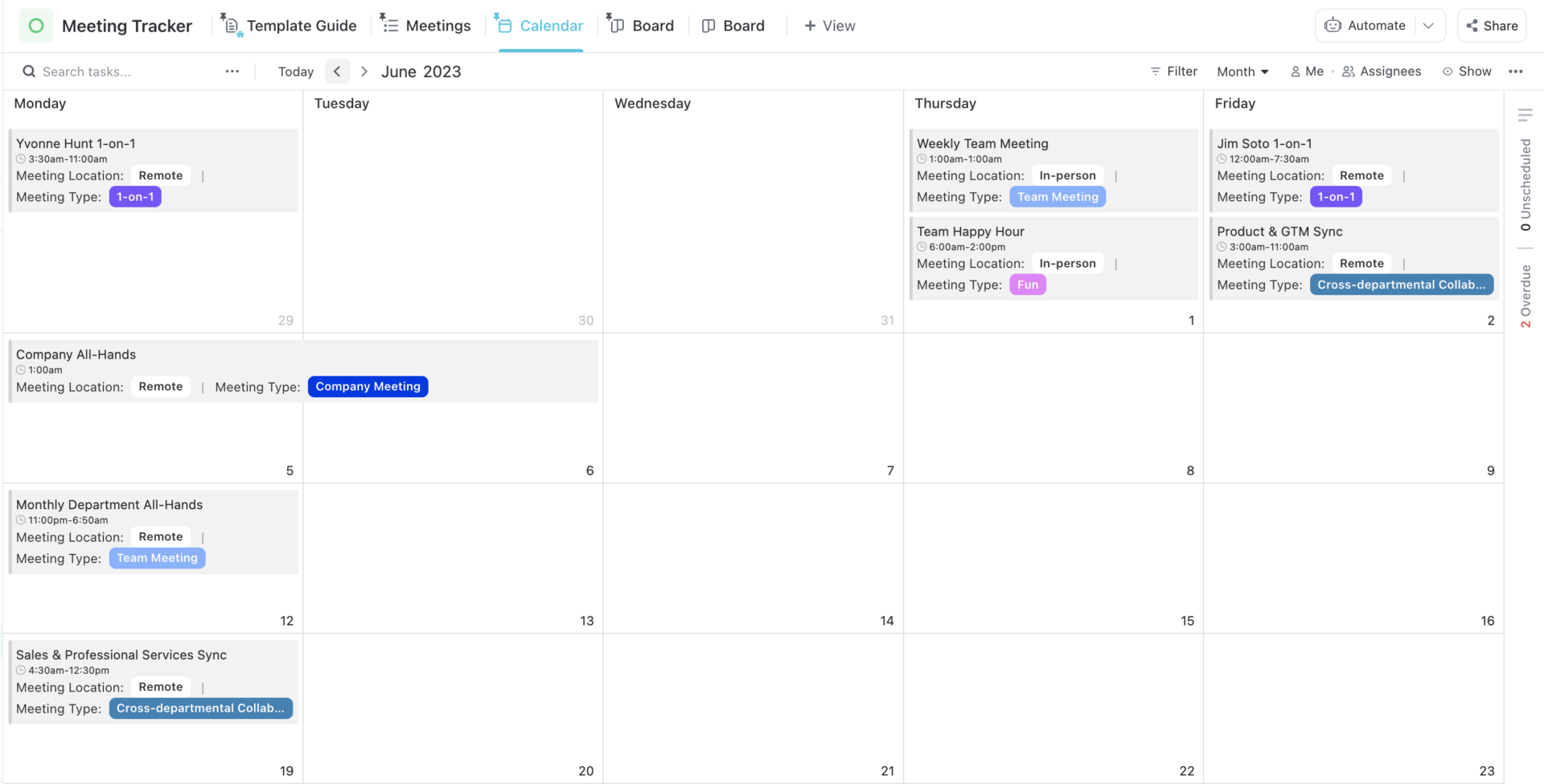 Modèle de suivi de réunion de gestion de projet par ClickUp