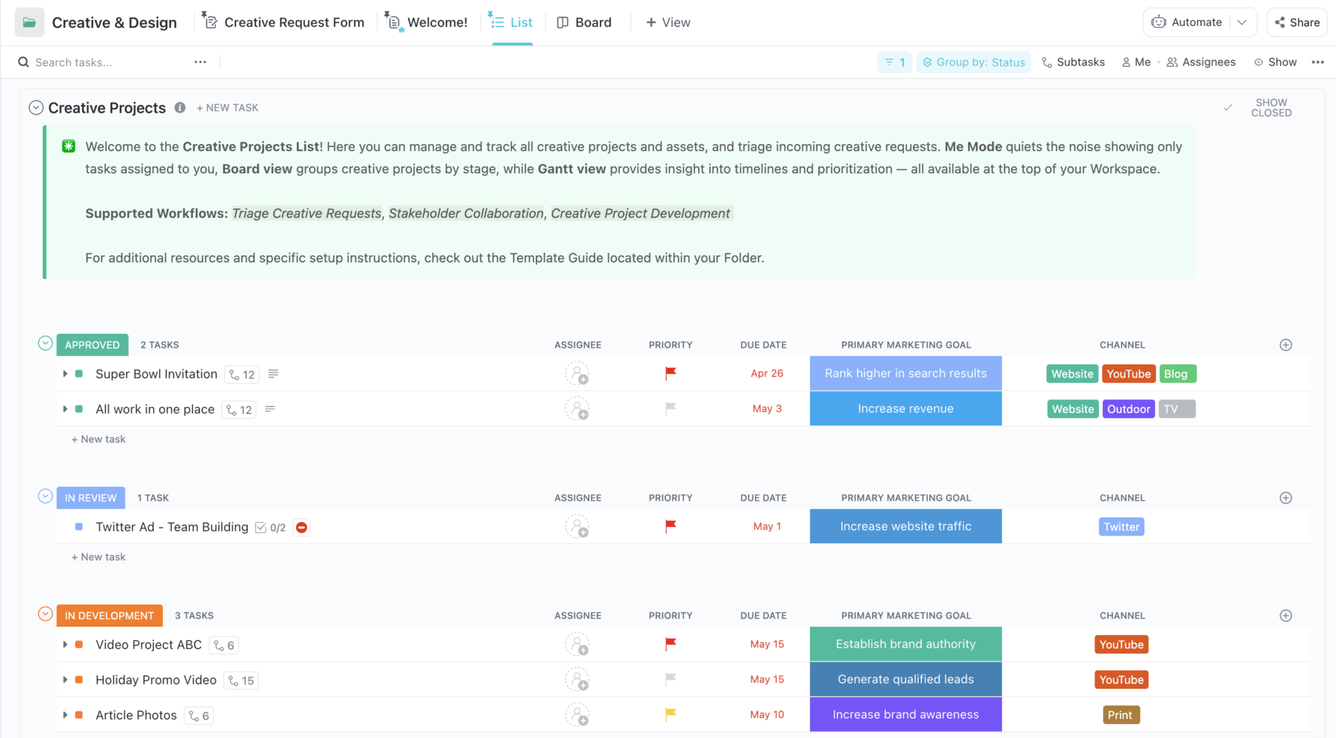 Use task lists, project timelines, and custom fields in the ClickUp Creative and Design Template to manage design requests with ease