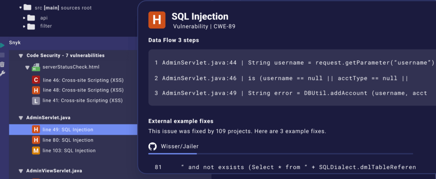DevOps용 AI 도구: Snyk의 코드 스크린샷