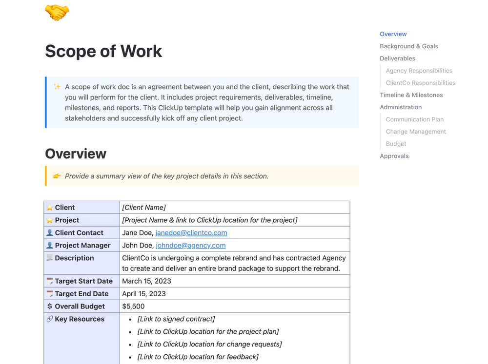 Grant proposal templates: ClickUp's Scope of Work Template