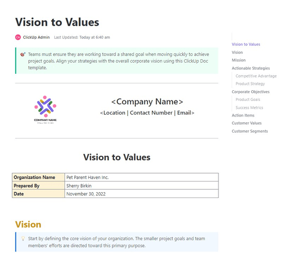 Alinee sus valores con su visión con la plantilla de valores a visión