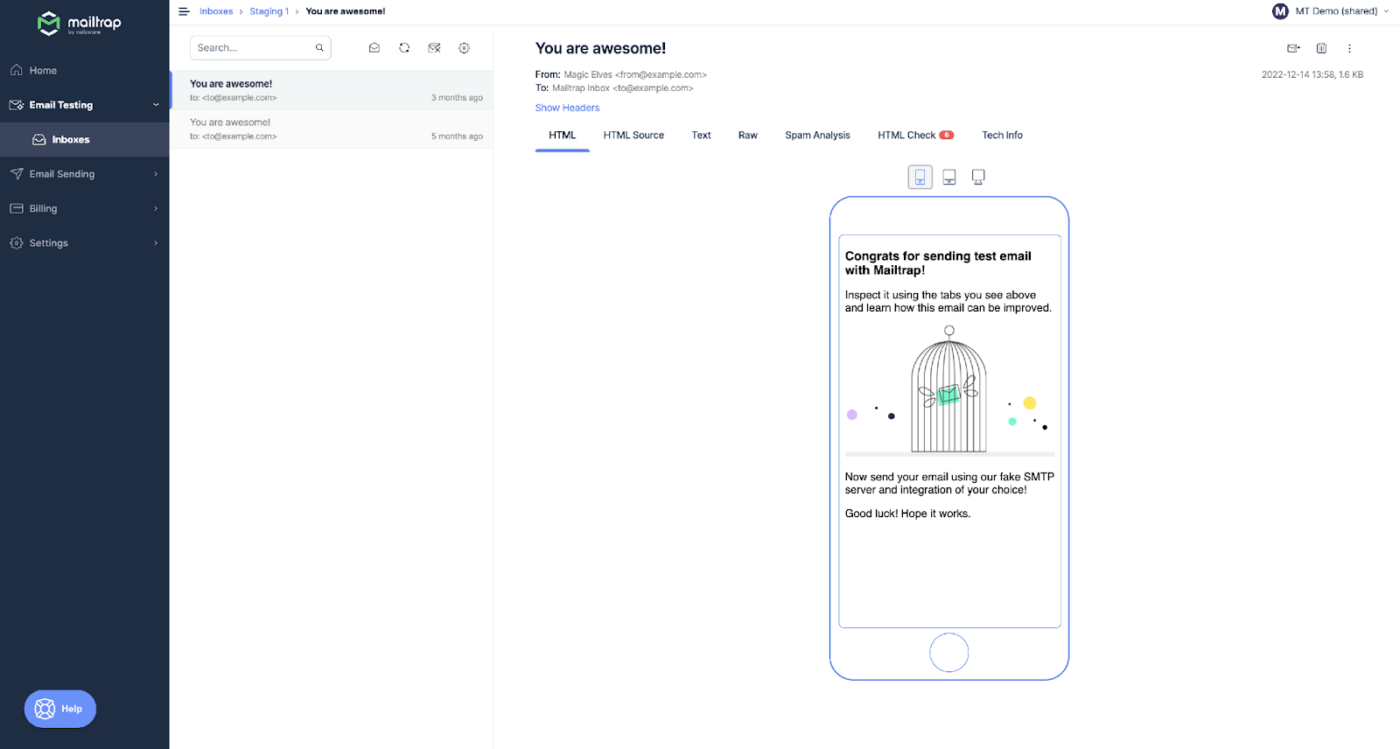 Verifique e inspecione seus e-mails com o Mailtrap antes de enviá-los aos seus clientes