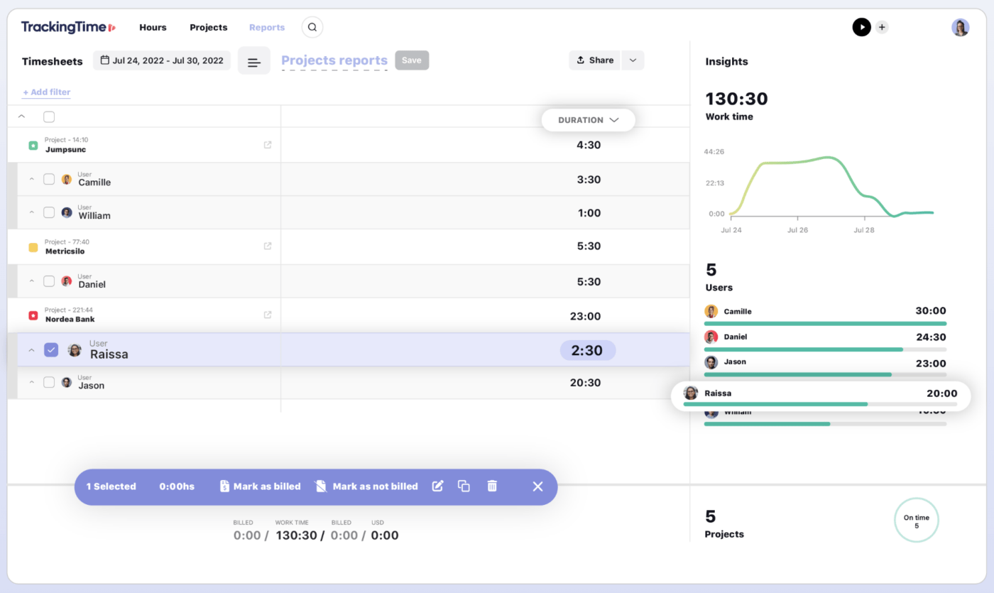 Visualização de planilhas de horas no aplicativo TrackingTime