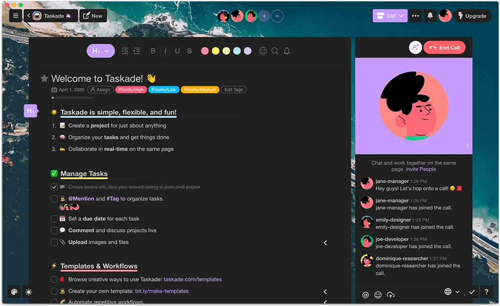 Taskade can help you get more work done with its AI-powered chat bot, writing assistant, and workflow creation