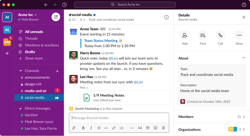 Slack lets teams collaborate on projects in real-time with an emphasis on team communication