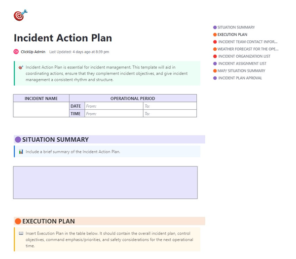 Modelo de plano de ação para incidentes do ClickUp