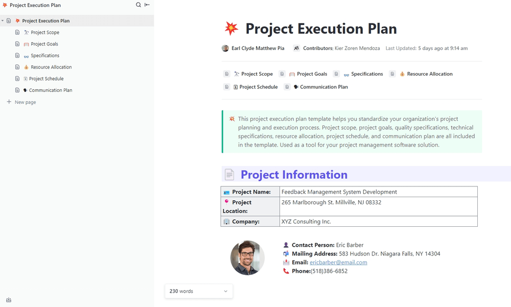 Esquema de la fase de planificación del proyecto en un documento de ClickUp