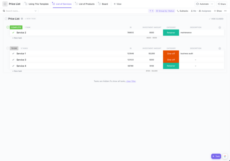 CickUp Price List Template
