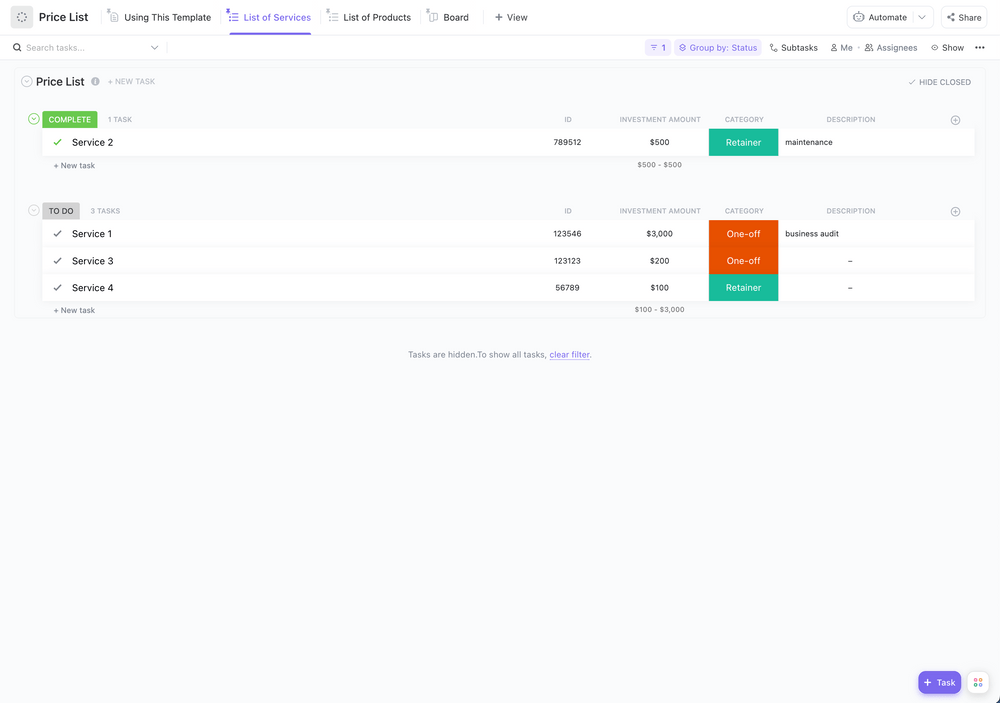 ClickUp Price List Template