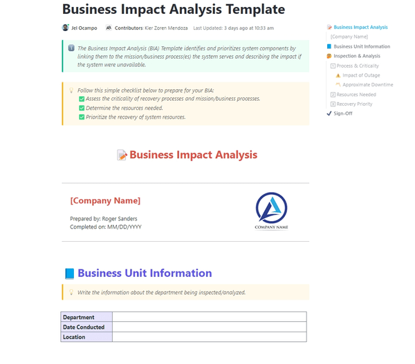ClickUp Business Impact Analysis Template