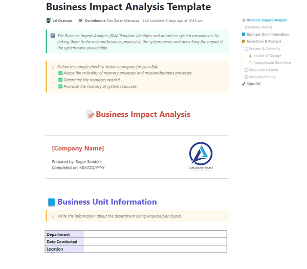 Modelo de análise de impacto nos negócios do ClickUp