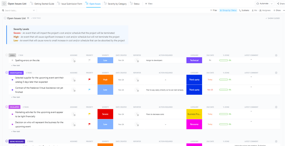 ClickUp Open Issues List Template