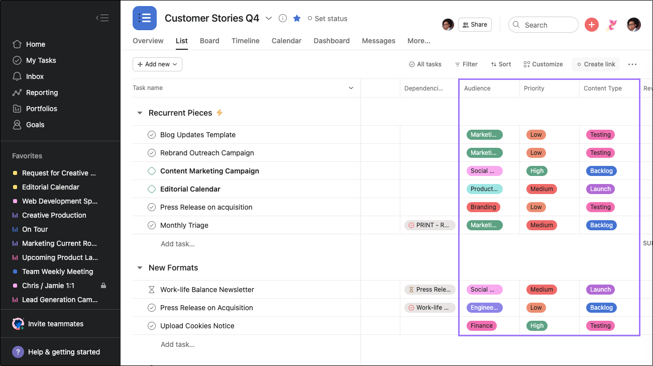 Campi personalizzati in Asana