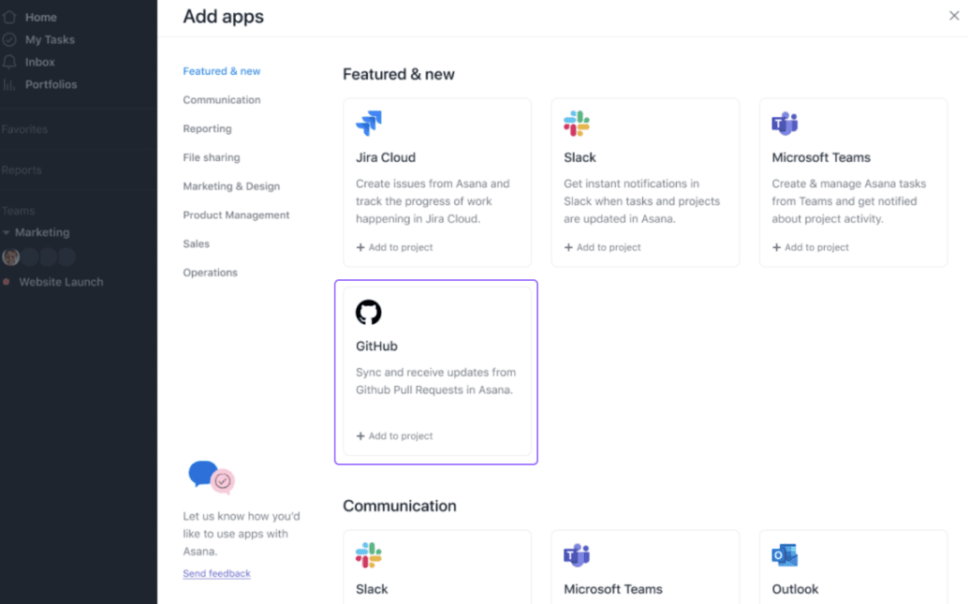 Passando il mouse sull'app di GitHub nella directory delle app di Asana