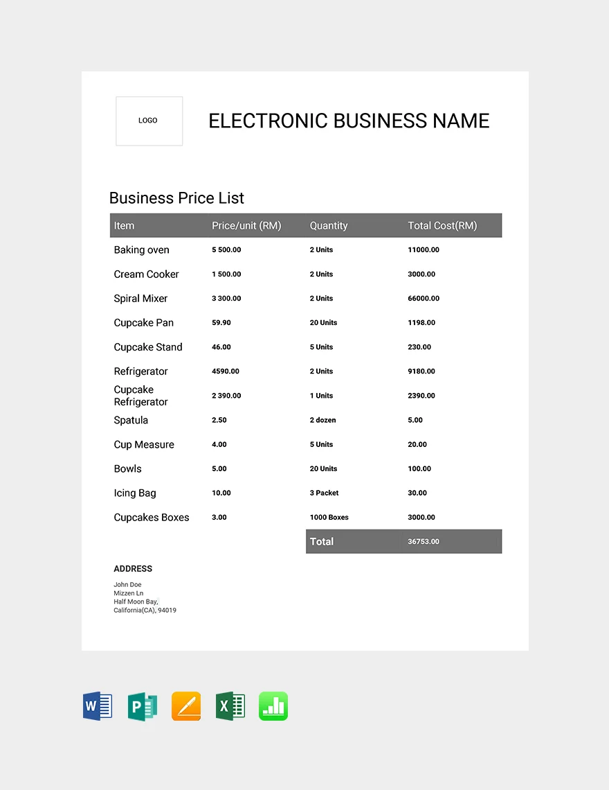 Lista de preços de produtos comerciais do Word