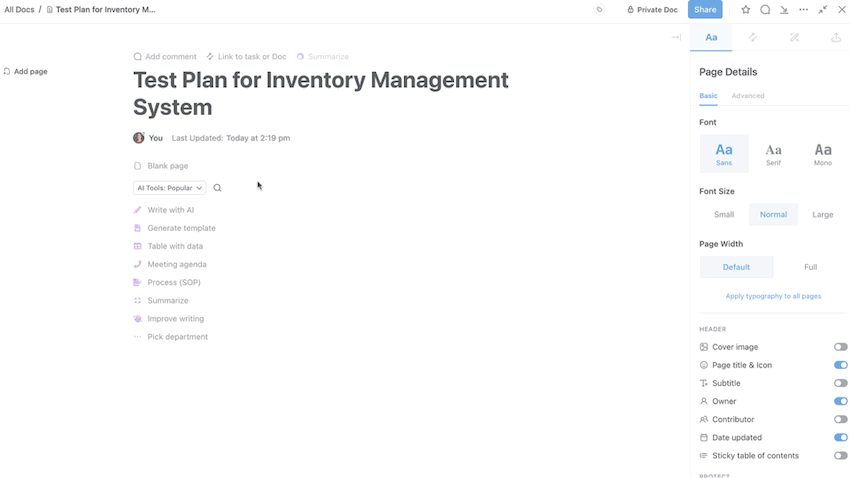 ClickUp AI Test Plan for Inventory Management Example