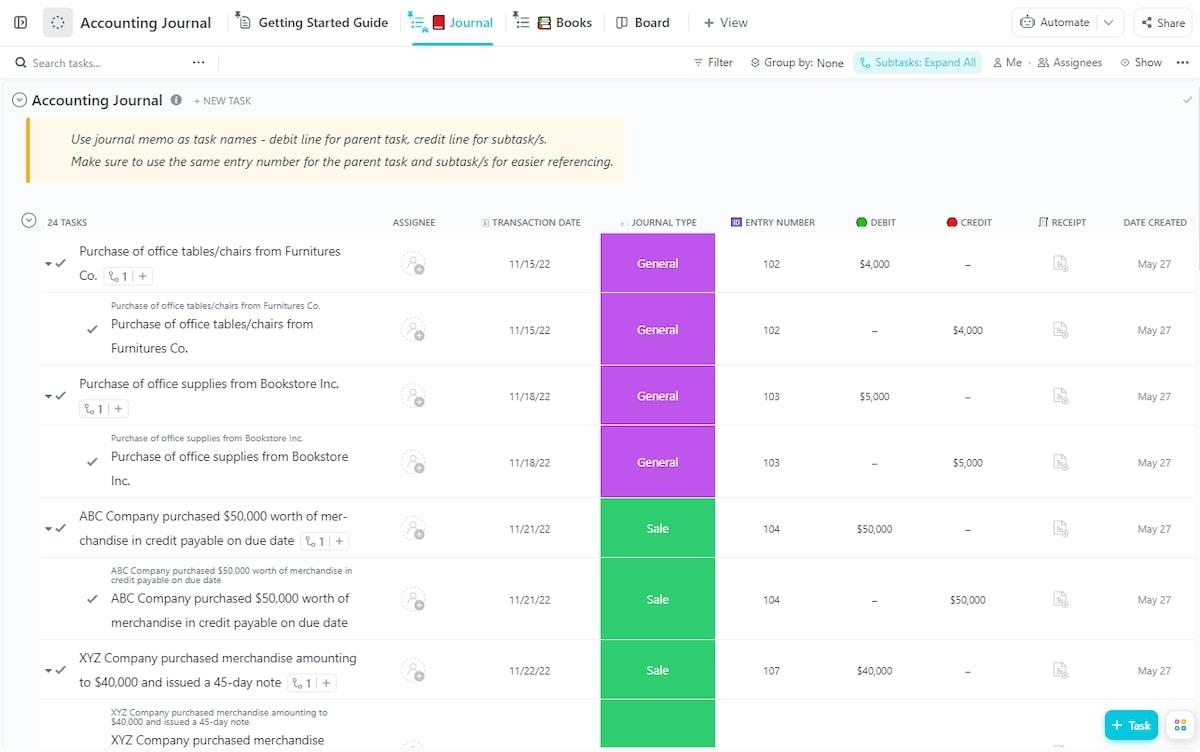 ClickUp Accounting Journal Template