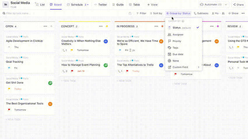 ClickUp Board view Sorting Feature