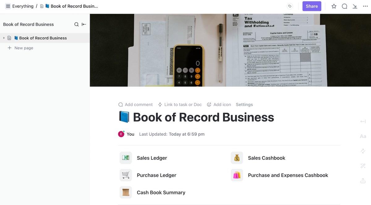 Database template: ClickUp Book of Record Business Template