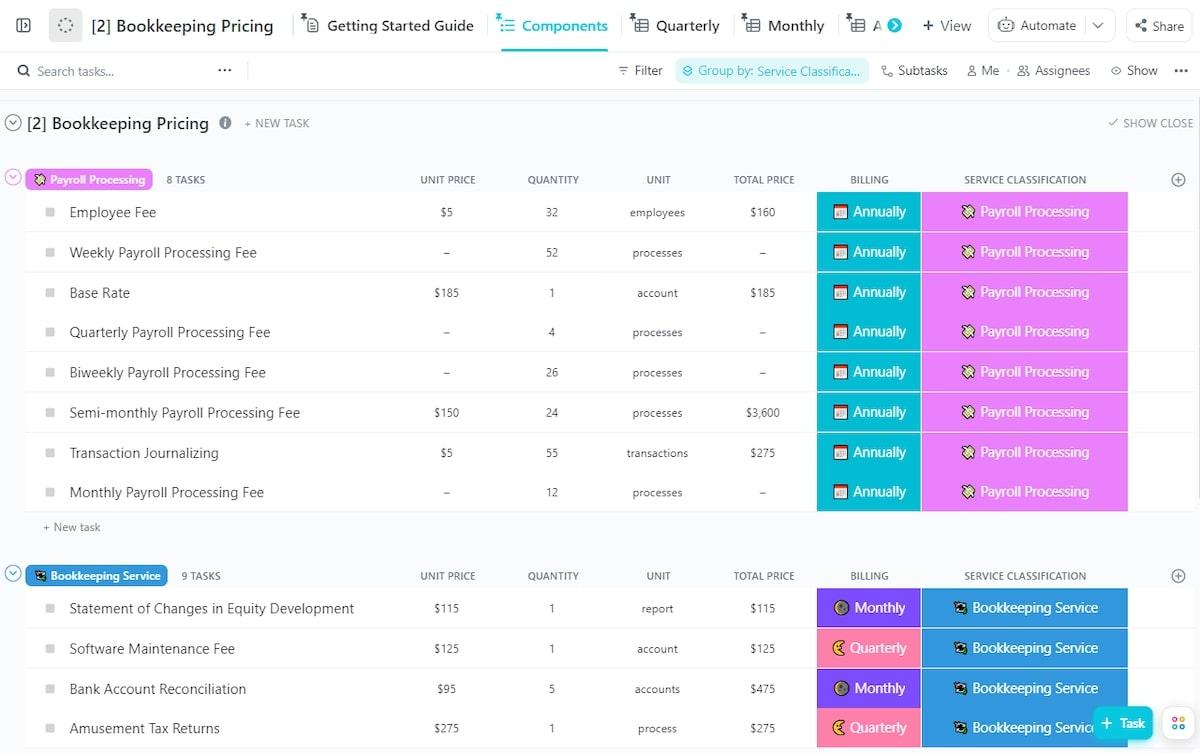 Modèle de tarification pour la tenue de livres ClickUp