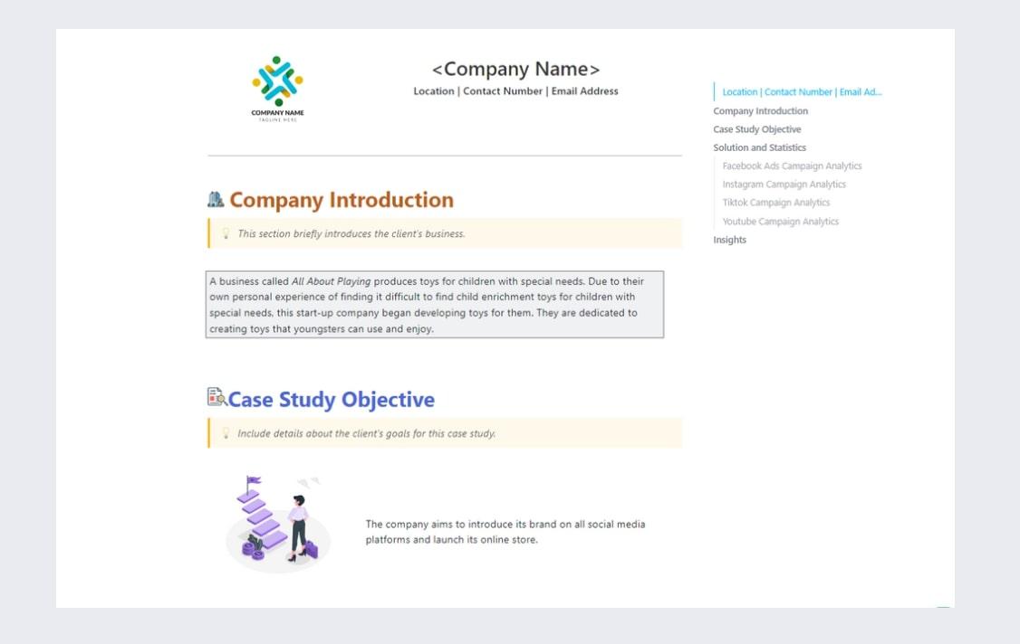 ClickUp's Case Study Template is designed to help you capture ideas and insights from customer feedback. 