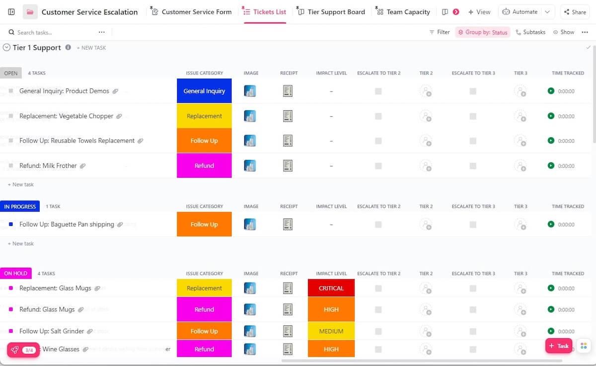 ClickUp Customer Service Escalation Template in List view