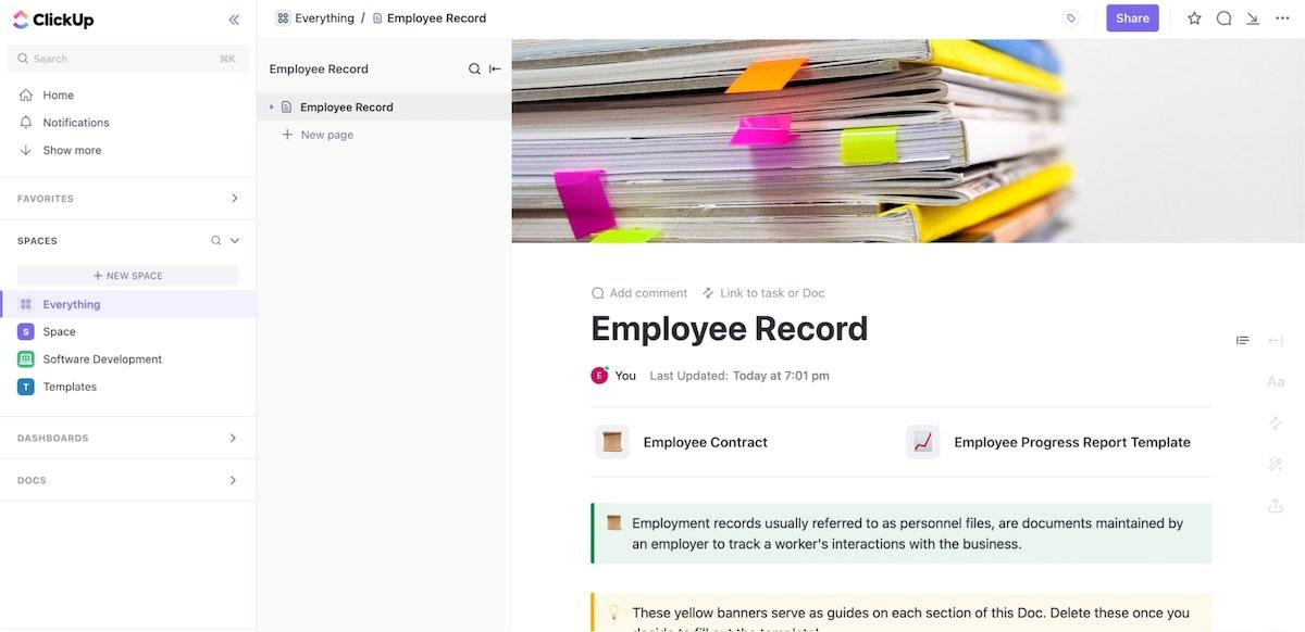 Database template: ClickUp Employee Record Template