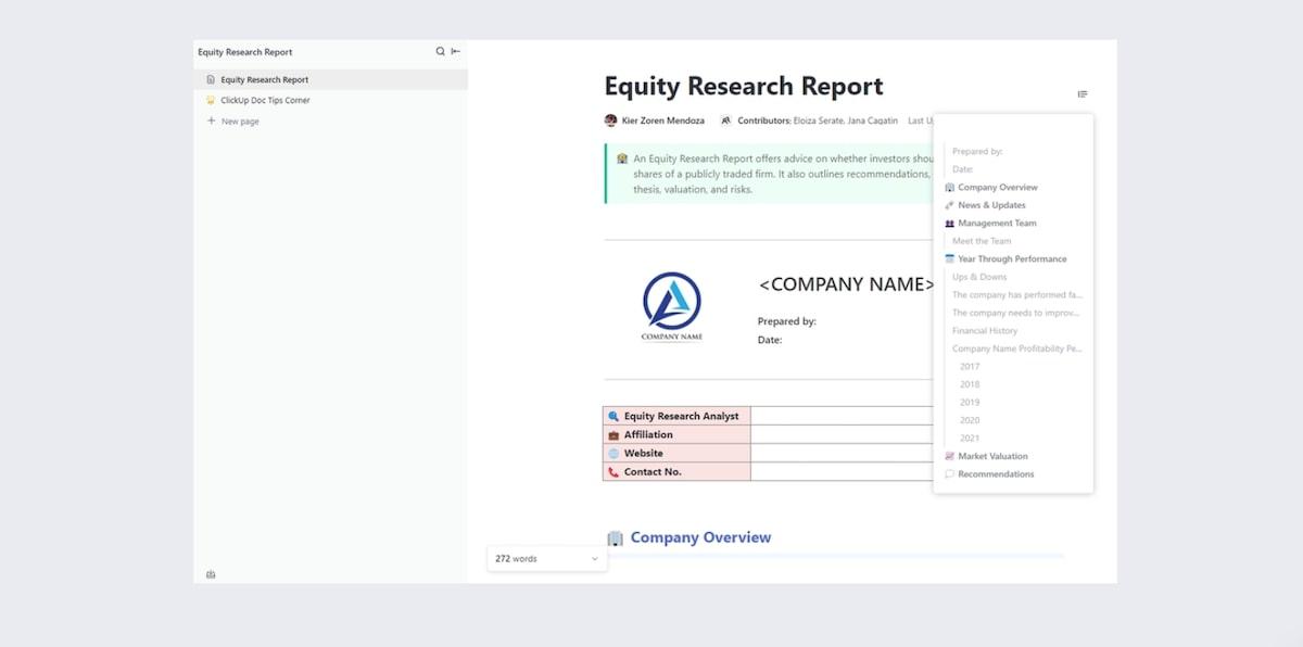 Modello di rapporto sulla ricerca azionaria di ClickUp