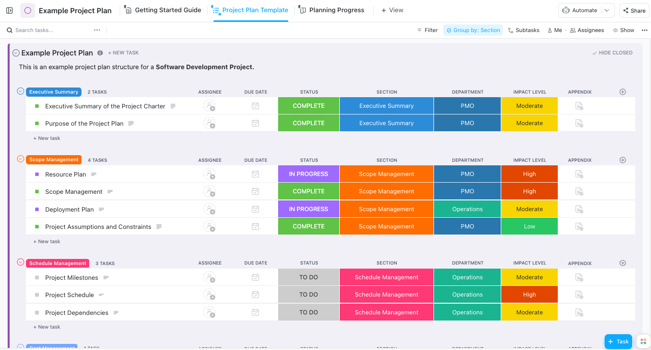 Use ClickUp to create a visual project plan where you can see all tasks and their status at a glance