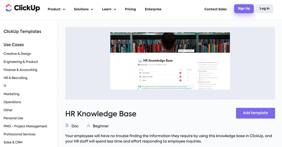 Utilizzate il modello di Knowledge Base HR di ClickUp per creare uno spazio per tutte le politiche aziendali, le procedure e le informazioni di contatto