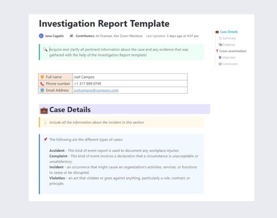 ClickUp Investigation Report Template