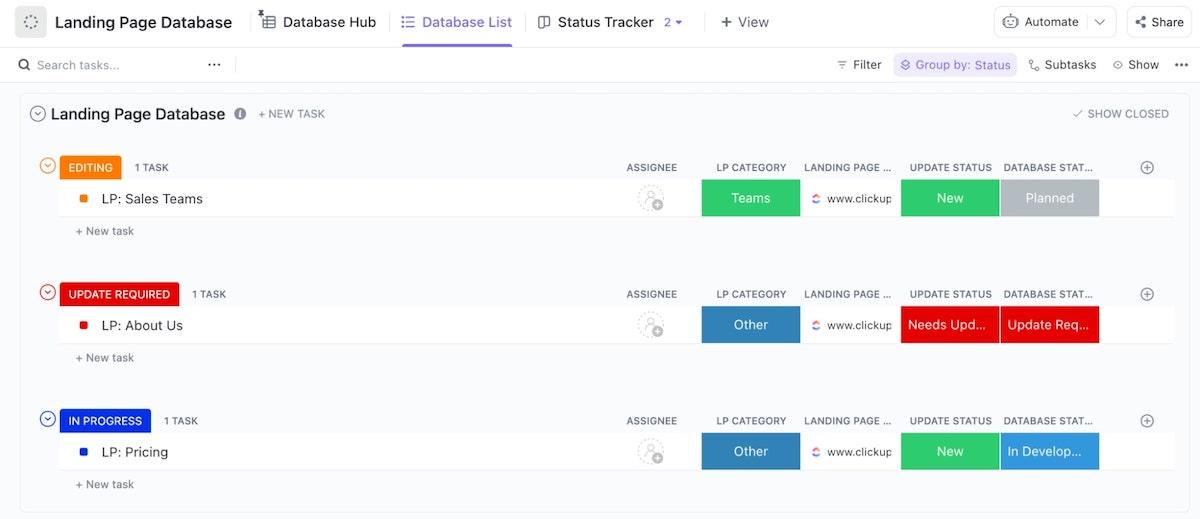 ClickUp Modèle de page d'atterrissage de base de données