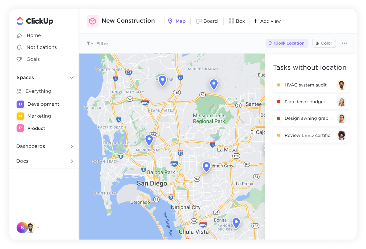 Use ClickUp’s Map view to manage your geographic work on a map with customizable pins for status, priority, and more.