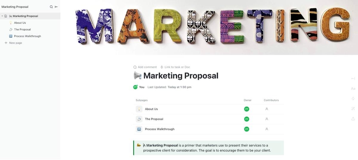 Modèle de proposition marketing ClickUp