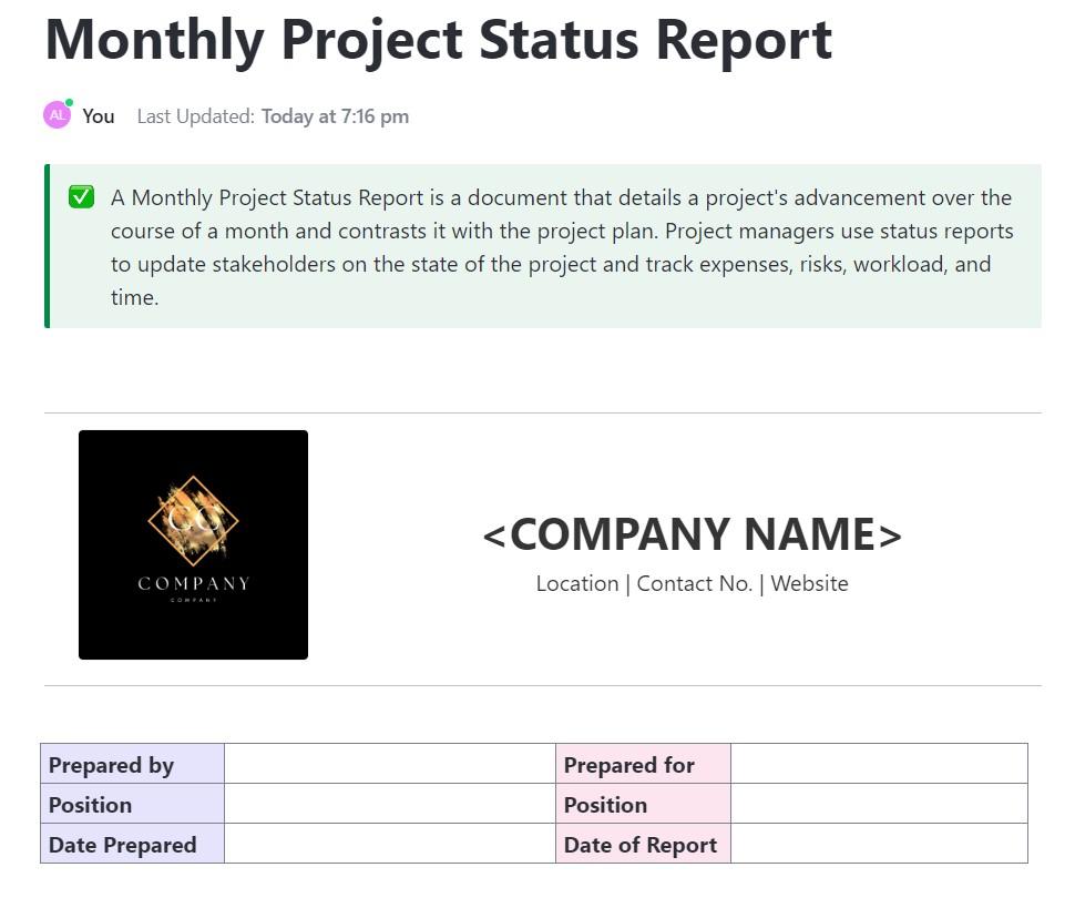 ClickUp Monthly Project Status Report Template