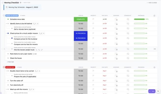 ClickUp Moving Checklist Template