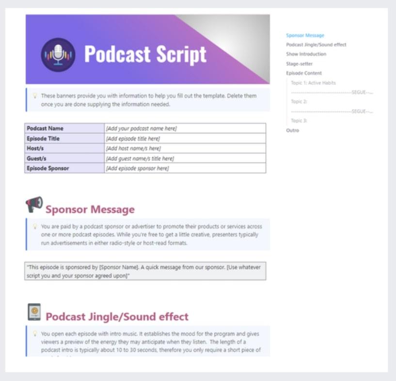 Modelos de podcast: Modelo de script de podcast do ClickUp