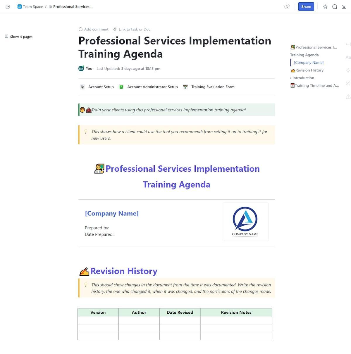 ClickUp Professional Services Implementation Training Agenda Template