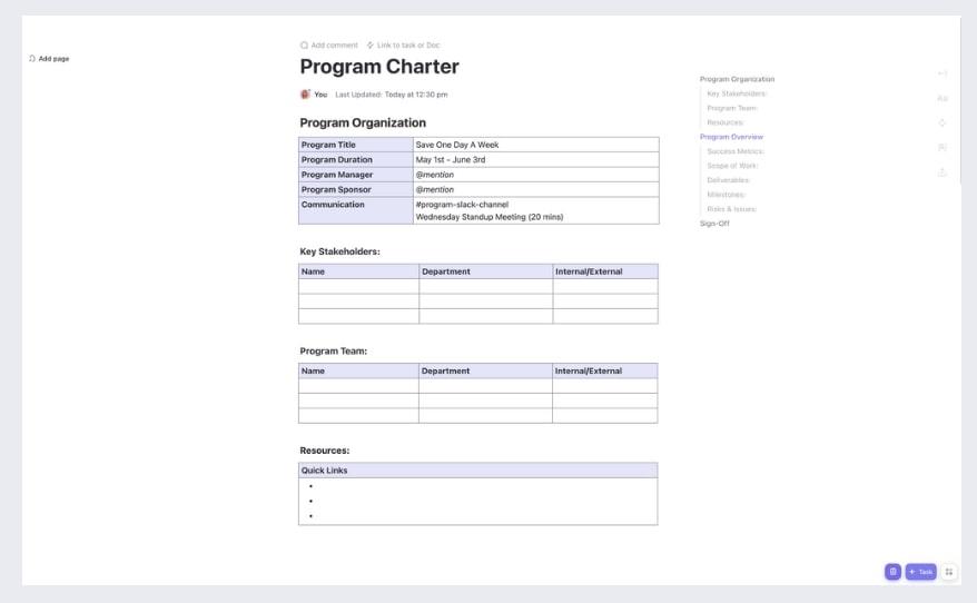 ClickUp Program Charter Template