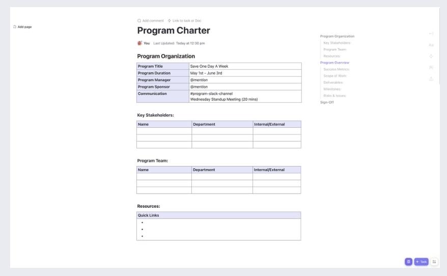 Outline the objectives, scope, stakeholders, and key deliverables of a project easily with Clickup's program charter