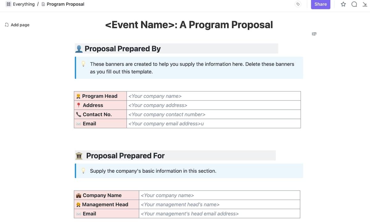 Szablon zarządzania programem: ClickUp Program Proposal Template (Szablon propozycji programu ClickUp)