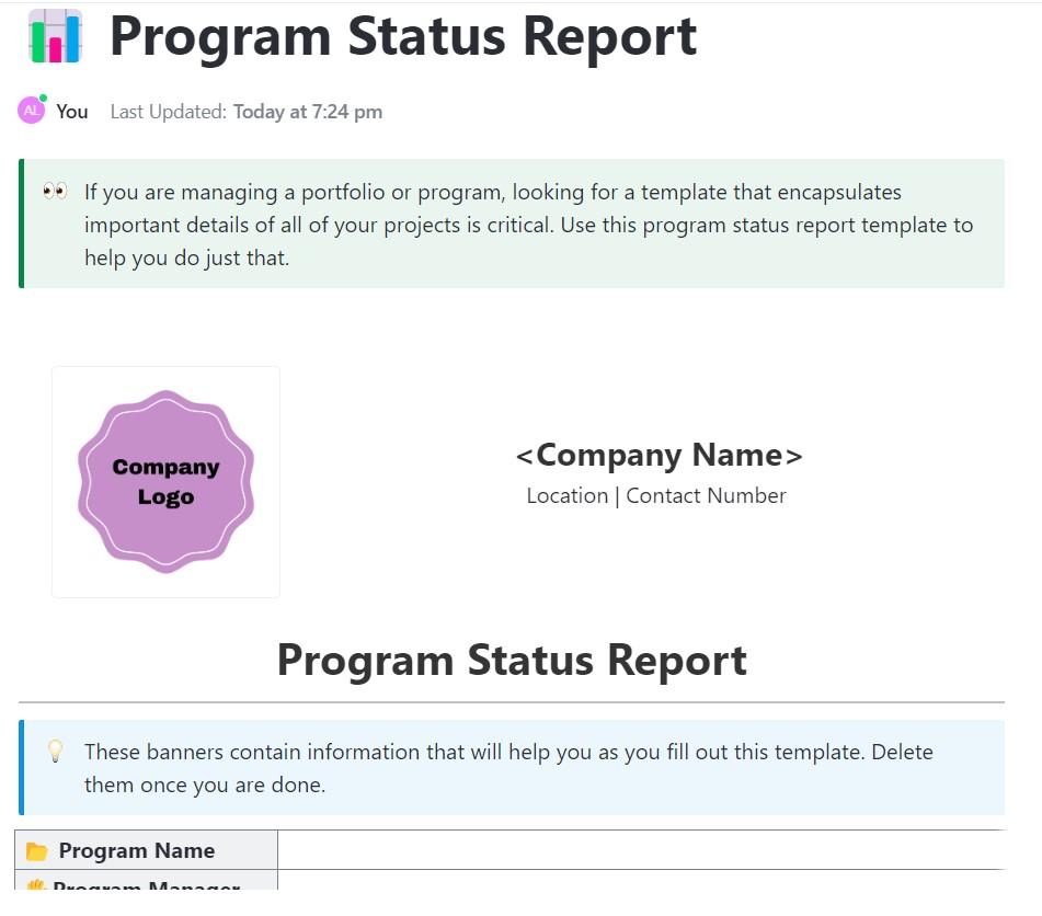 Vorlage für die Programmverwaltung: ClickUp Programm-Statusbericht-Vorlage