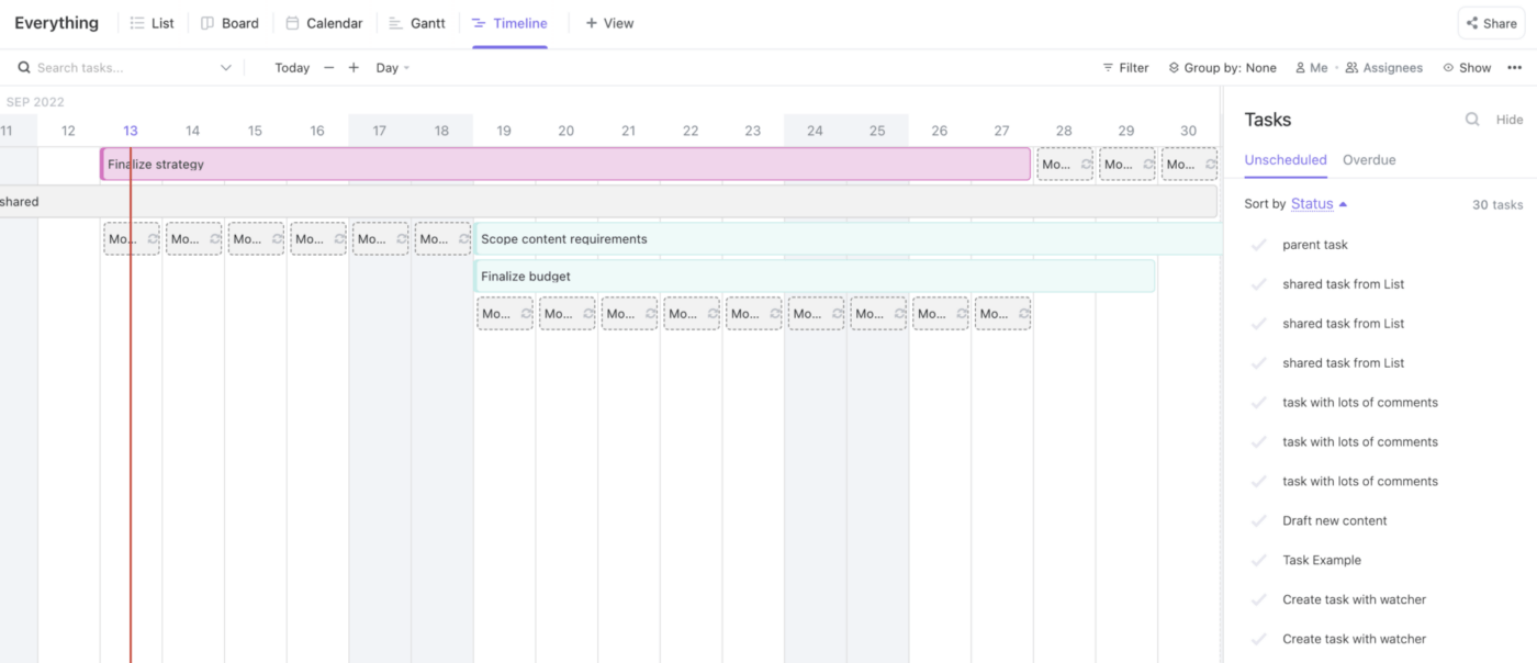 Esempio di panoramica della timeline del progetto ClickUp