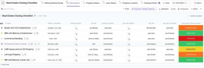  ClickUp Real Estate Closing Checklist Template (Modèle de liste de contrôle pour la clôture d'un contrat immobilier)